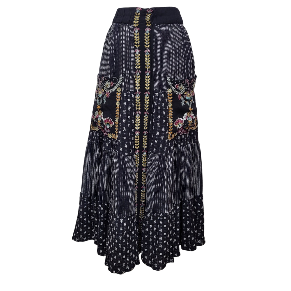 Zara Black Boho Chic Lagenlook Elastic Patchwork Embroidered Maxi Skirt Size XL